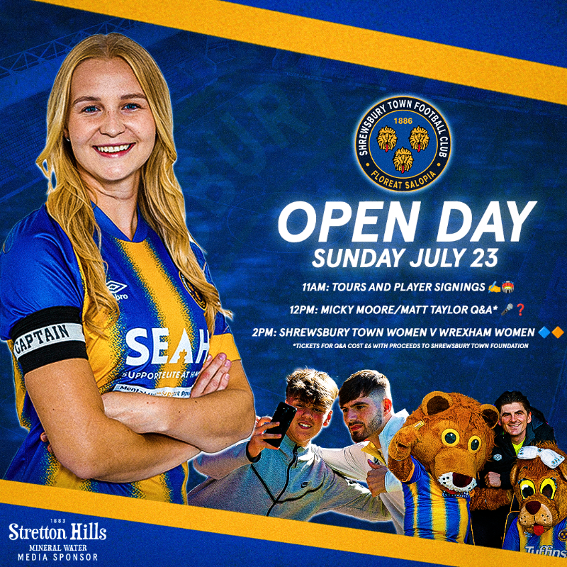 shrewsburytown's tweet photo. 😁 Our Open Day is THIS Sunday! It's your chance to:

🤝 Meet the players
🏟 Tour The Croud Meadow
❓ Quiz Matt Taylor and Micky Moore in our Q&amp;A
🔷🔶 And watch @ShrewsWomen v Wrexham at 2pm!

Read all about the timings below 👇

#Salop