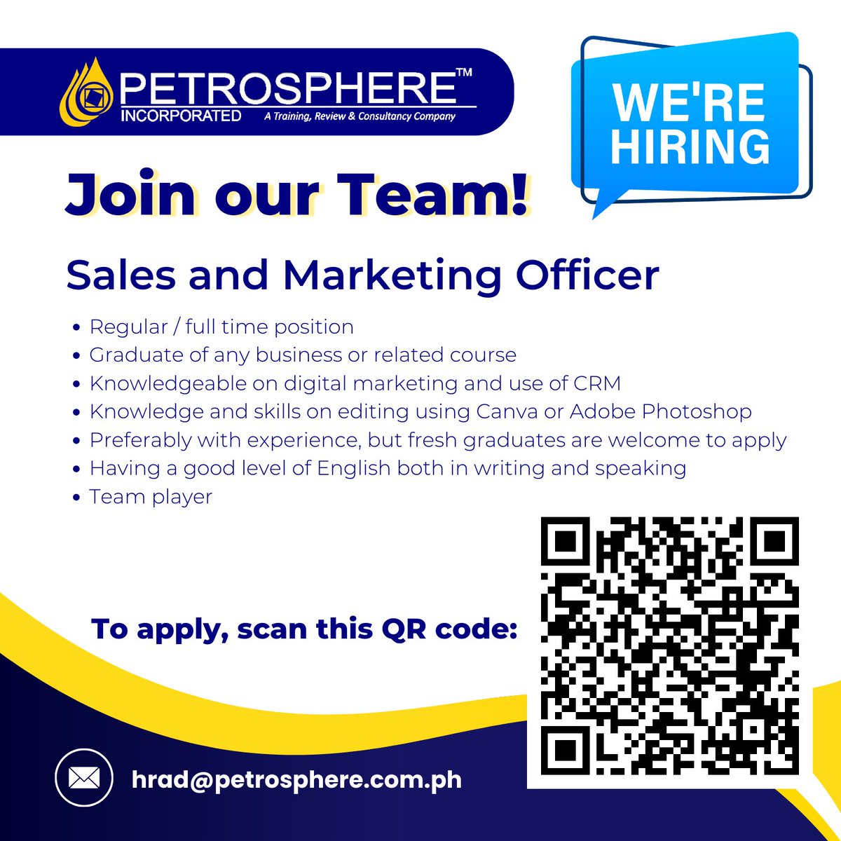 petrosphere's tweet photo. Join our dynamic team and experience an exciting new chapter in your career with Petrosphere Incorporated! Don't miss out on this amazing opportunity to be part of a company that values growth and innovation. #salesandmarketing #jobopening #hiringnow #petrosphere https://t.co/x9EVIqAPRP