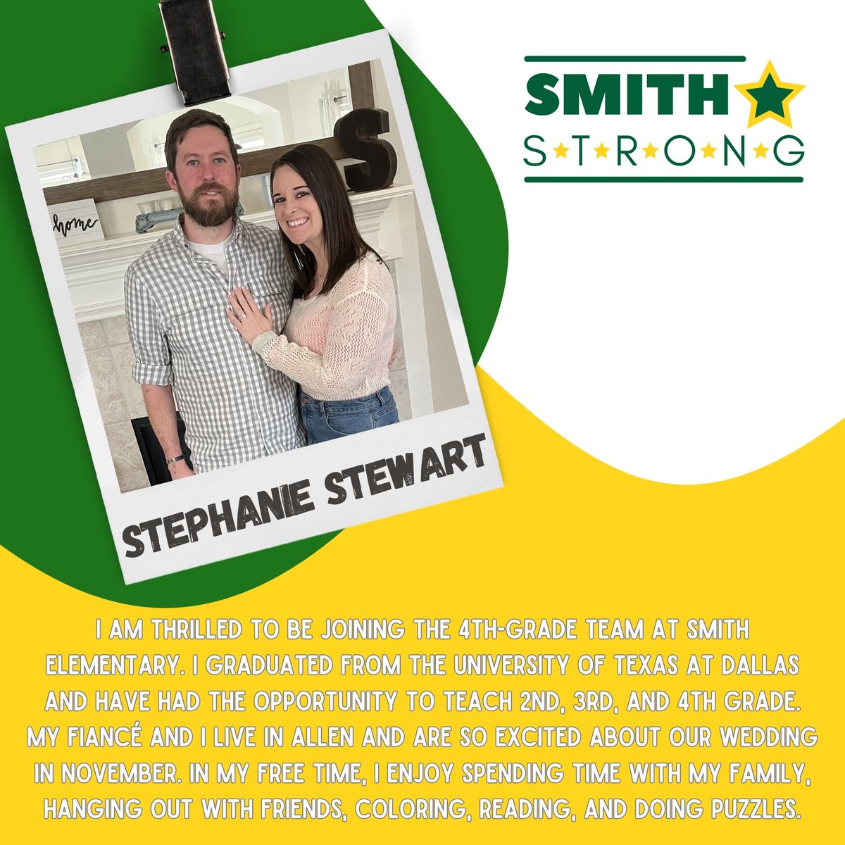 #SMITHSTRONG💪, help us welcome Stephanie Stewart to Smith Elementary! She will be joining our 4th-grade team here at Smith Elementary!💪💚⭐️