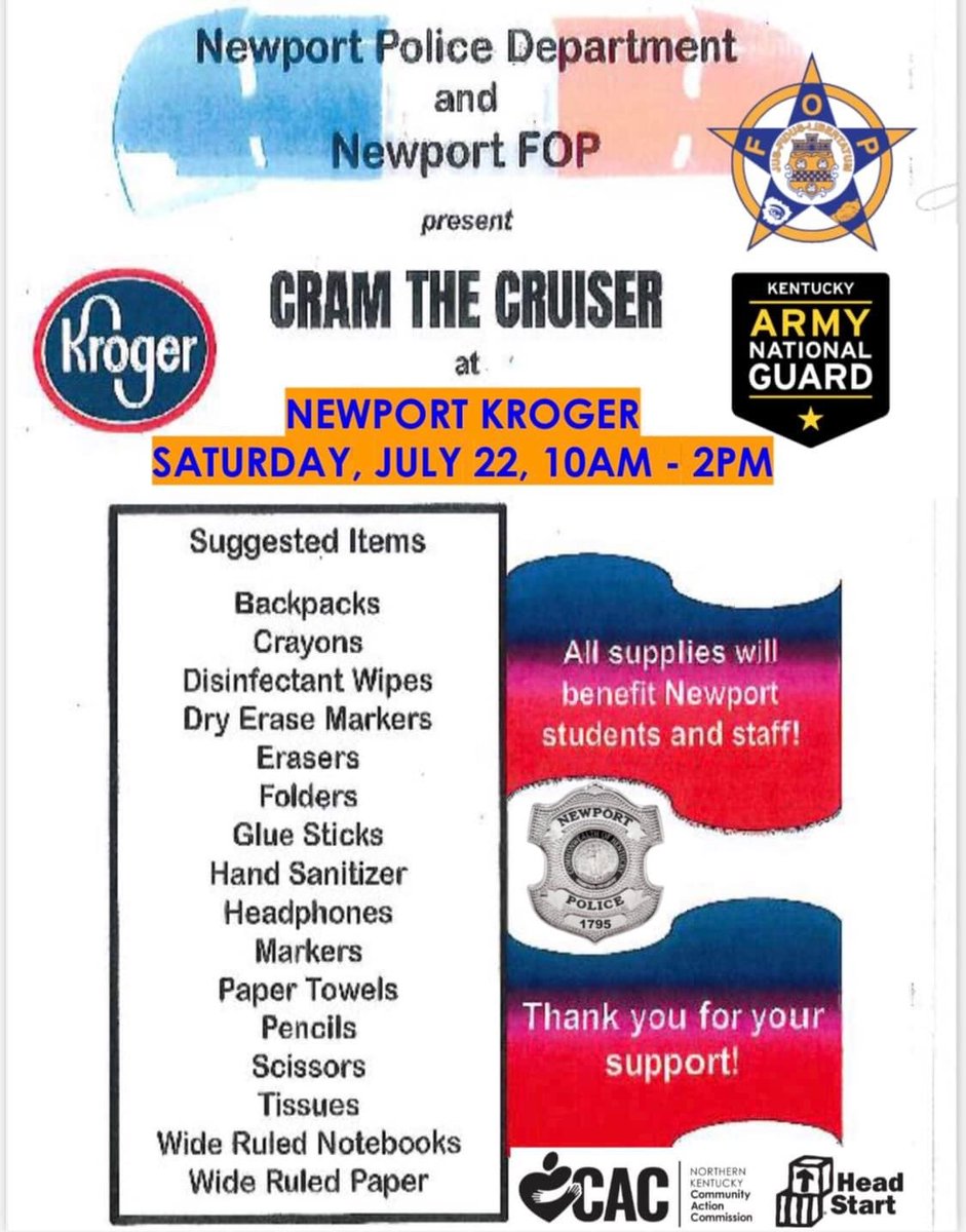 Cram the Cruiser is SATURDAY at the Newport Kroger! Please consider stopping by and donating school supplies for our staff and students! #NIS #ROAR ❤️🐾