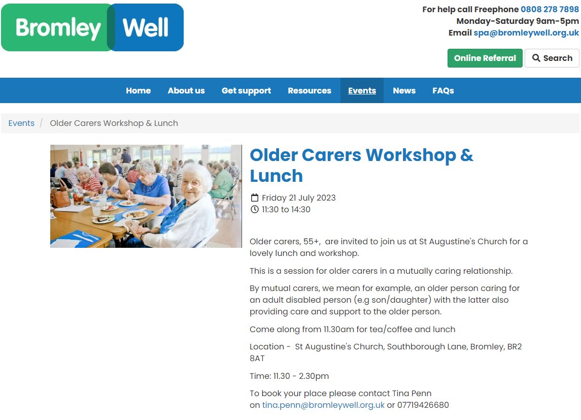 This is on Friday! Great social session for older, unpaid #carers including lunch 😄 Do get in touch to see if it's for you. Contact info 👇 bromleywell.org.uk/events/item/48… Look forward to seeing you!