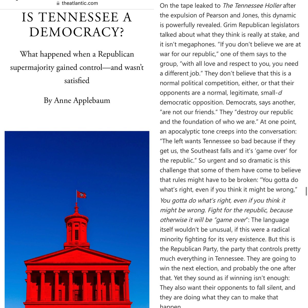 The Holler’s @Kanew spoke to @anneapplebaum for this MUST-READ @TheAtlantic piece asking the right Q: “IS TENNESSEE A DEMOCRACY?” (TLDR: No. We’re a theocracy under one-party rule, where the @TNGOP supermajority still feels victimized.) theatlantic.com/ideas/archive/…