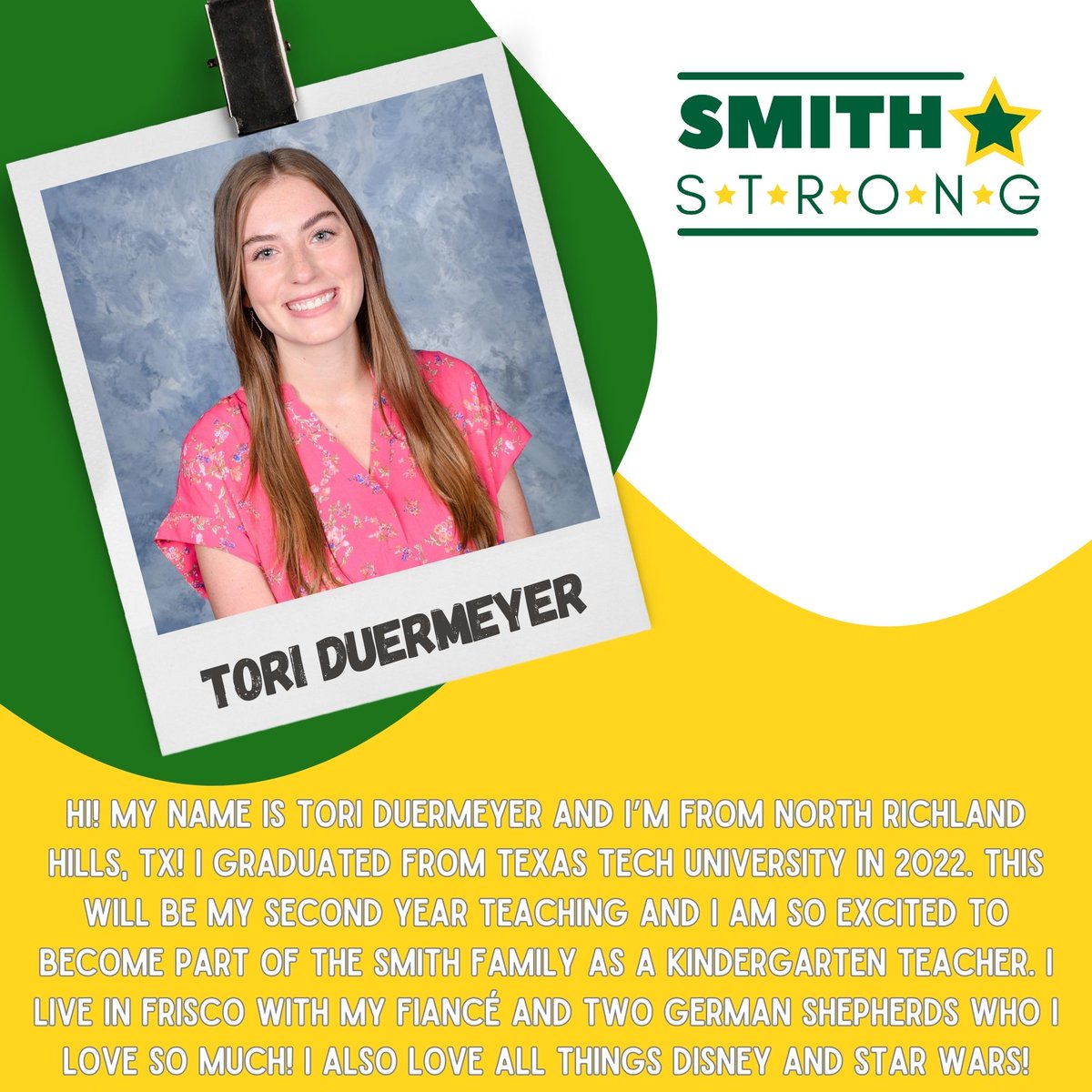 #SMITHSTRONG💪, help us welcome Tori Duermeyer to Smith Elementary! She will be joining our Kindergarten team here at Smith Elementary!💪💚⭐️