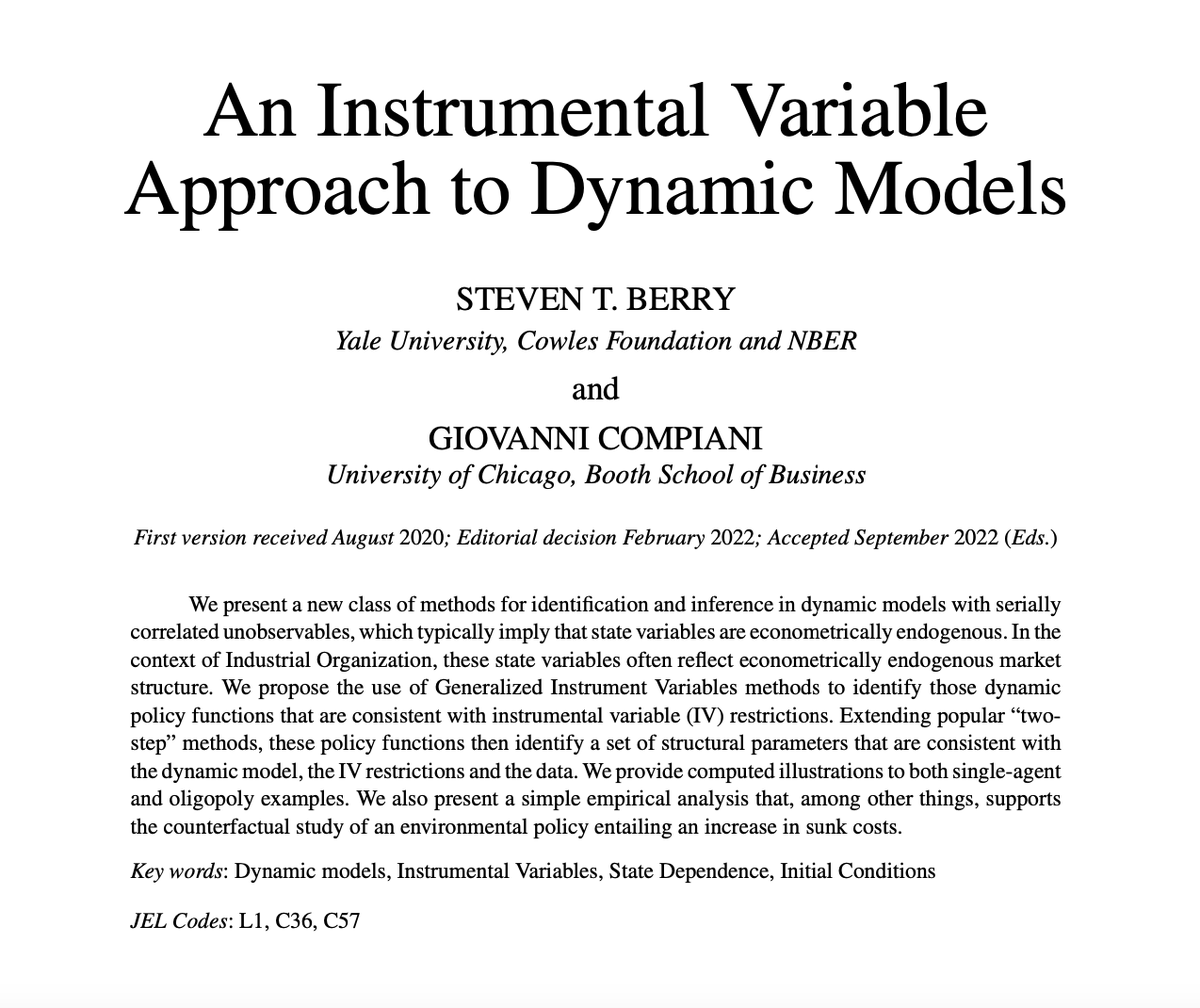 NEW: A class of methods for identification and inference in dynamic models with serially correlated unobservables. By @steventberry and @GioCompiani, in @RevEconStudies: economics.yale.edu/research/cfp-1…