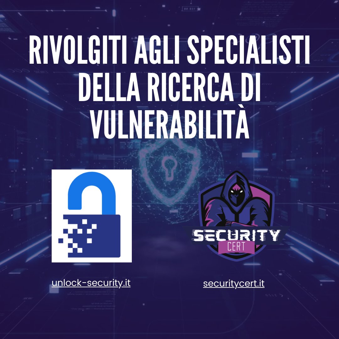 SecurityCertIT's tweet photo. Non lasciare nulla al caso! 
Rivolgiti a Unlock Security per avere dei professionisti dalla tua parte. 
👇
https://t.co/qE233n65xh  

Potrai trovarli e conoscerli anche nel nostro server Discord: 
https://t.co/bRC9OdeSwg… 

#cybersecurity #vulnerabilities https://t.co/RpRs0EOGX3