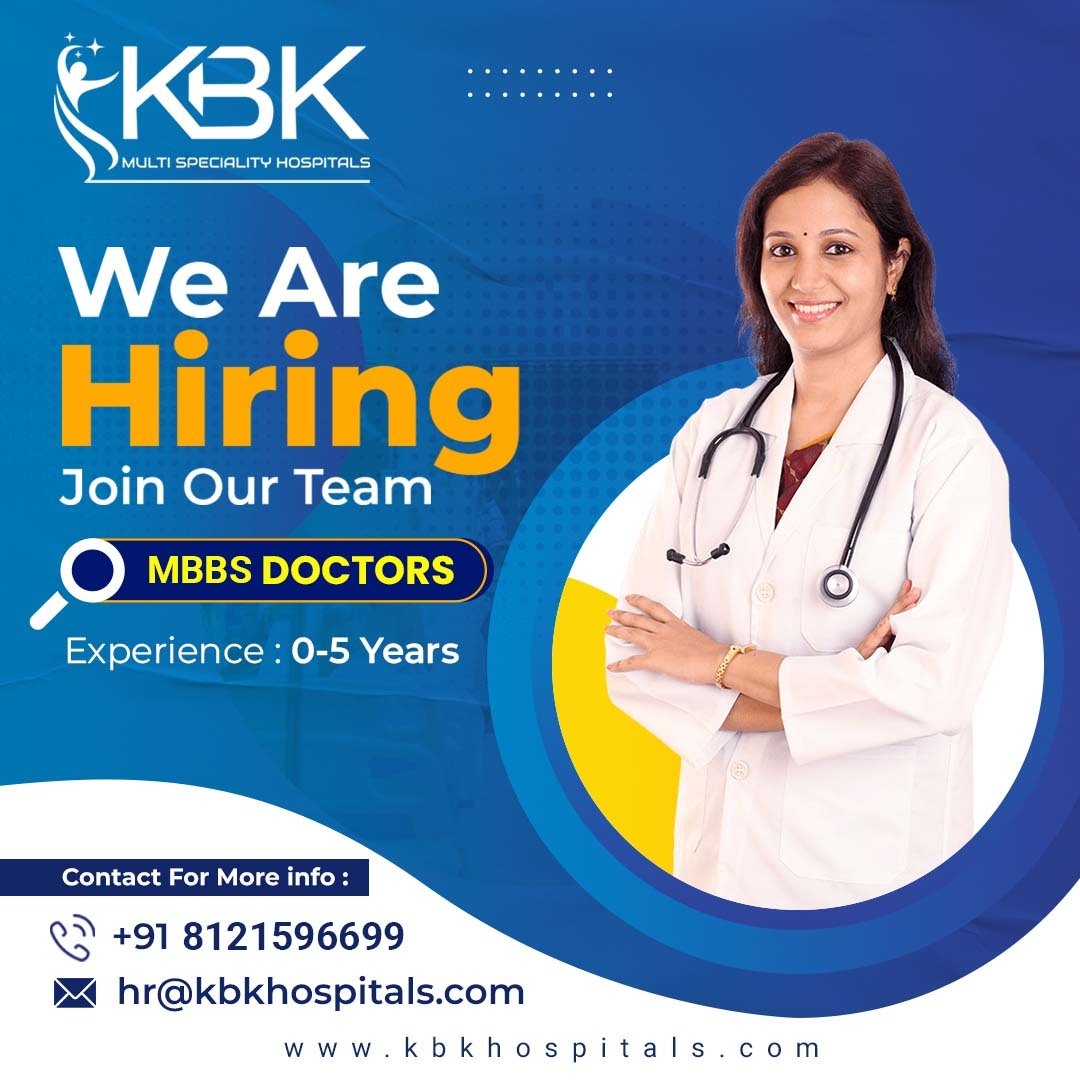 Greetings from #kbkhospitals!! 

We are Hiring #mbbsdoctor. 

#Hospital Experience Required - 0-5 years. 

Contact details:
Mail Id: hr@kbkhospitals.com

Phone: +91 8121596699, +91 9676814547.

Location: #LBNagar & #HayatNagar, #Hyderabad.

#hiring #hiringnow #ImmediatelyHiring