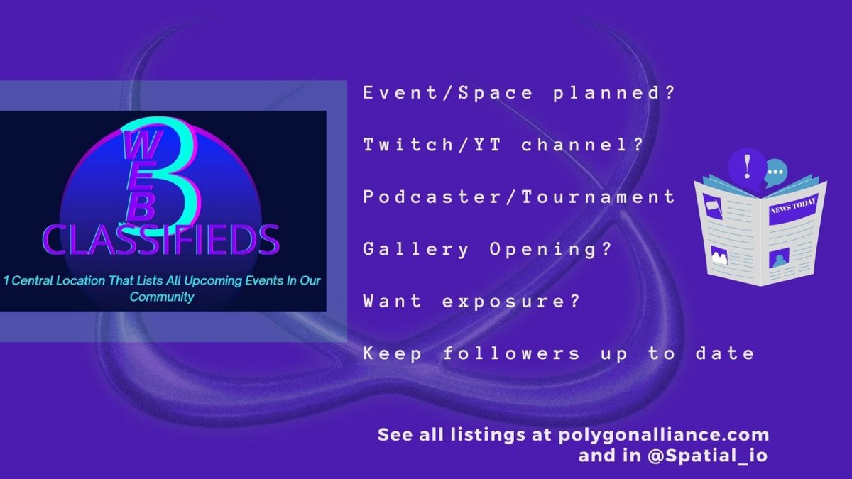 Get your #Web3 Event listed Free

Twitter Spaces | Metaverse Events
You Tube |PodCasts
Twitch TV | Gallery Openings
plus so much more ..

Fill in the form have it on our calendar 📅  👇
mtr.cool/brdqihnqfe
On the <a href="/PolygonAlliance/">Polygon Alliance</a> website &amp; <a href="/spatial_io/">Spatial</a>

mtr.cool/pjfiormrrm