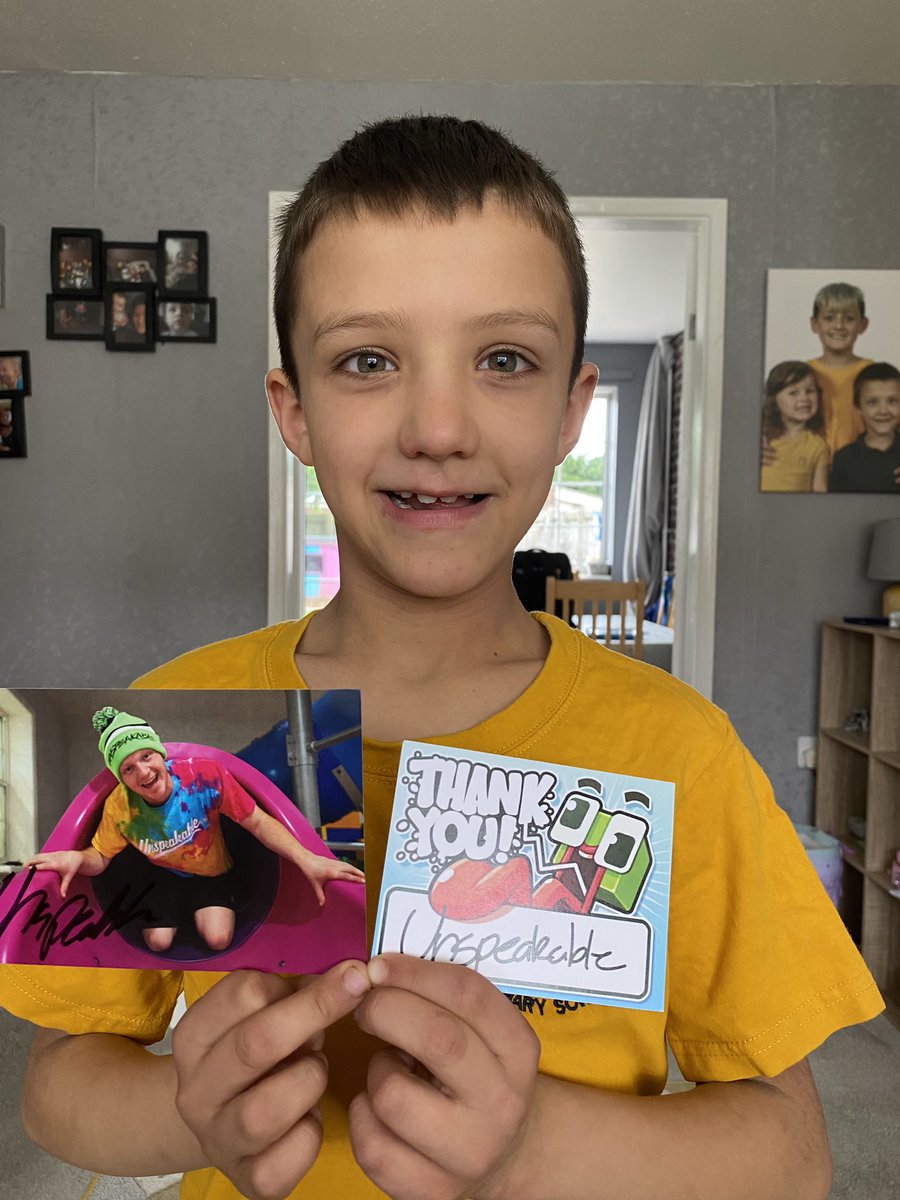KimH441's tweet photo. @UnspeakableGame he’s so happy with his signed photo. Thank you so much to your online team 😊although he now thinks I have a direct line to Unspeakable and wants me to text him to meet up 🙈 https://t.co/j8tUIj6eIA