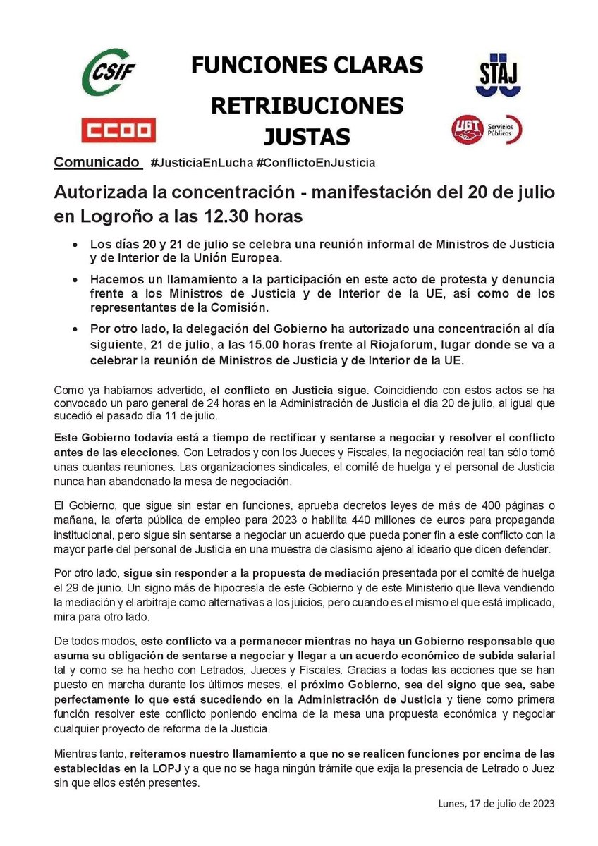 🔴 El conflicto continúa: manifestación en Logroño el 20 de Julio

 #HuelgaEnJusticia 
#huelgafuncionariosjusticia