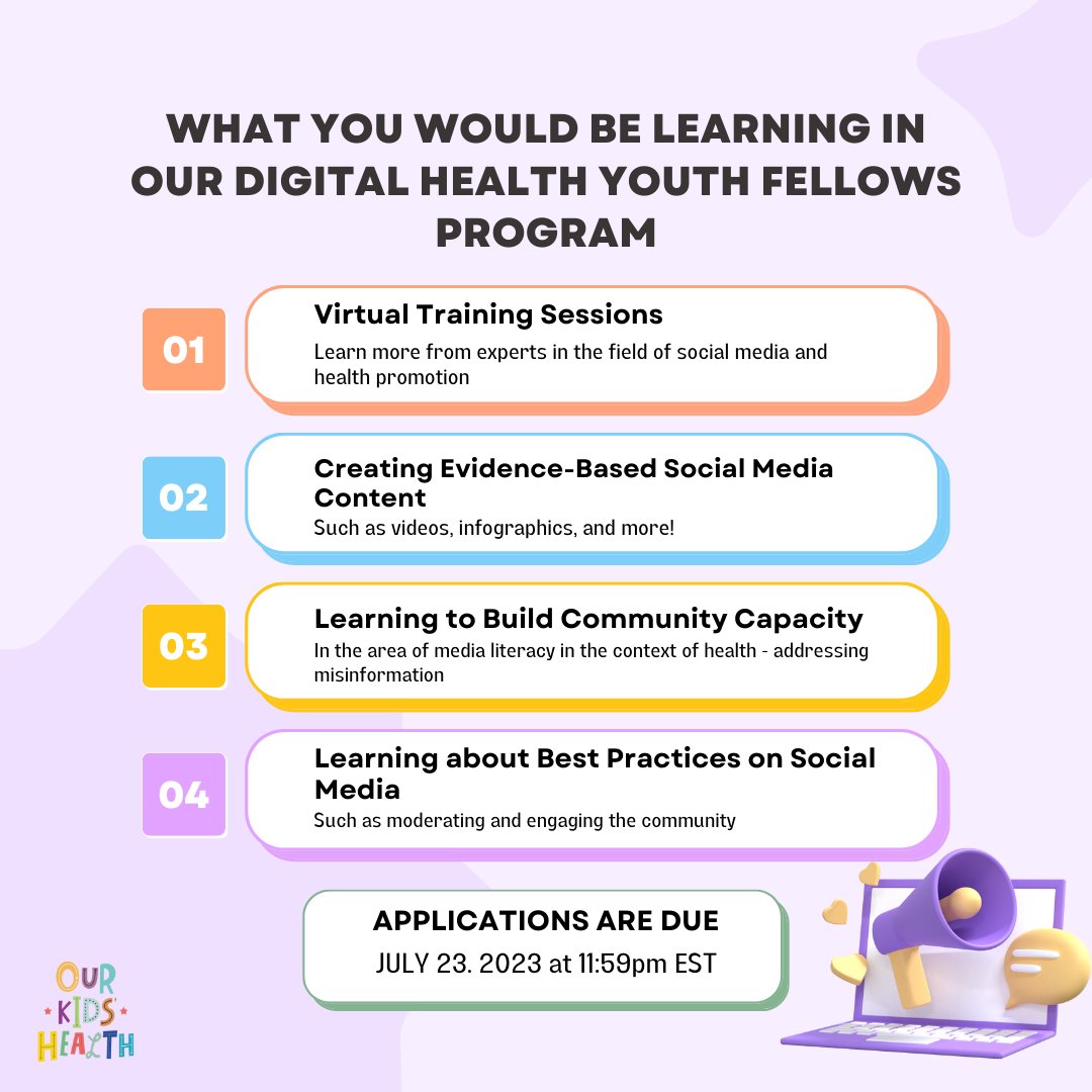 You still have a chance to apply for the #OKHDigitalHealthYouthFellows program! 🥳
Deadline to apply is extended until July 23, 2023 11:59 PM EST.

Here is a sneak peek of what you can learn from the program.

#OurKidsHealth #OKH
#ONEwithOKH