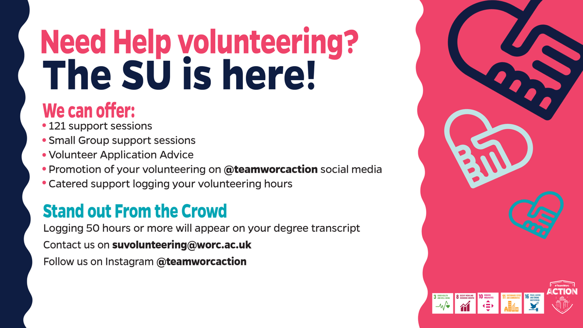Worcester Students' Union (@worcsu) on Twitter photo Volunteering?
We offer free support sessions to all of our student volunteers and this can involve, guidance on filling out application forms and logging your hours, additional 1-2-1s, and promotion on our Instagram page.
Email suvolunteering@worc.ac.uk for more details. Volunteering?
We offer free support sessions to all of our student volunteers and this can involve, guidance on filling out application forms and logging your hours, additional 1-2-1s, and promotion on our Instagram page.
Email suvolunteering@worc.ac.uk for more details.
