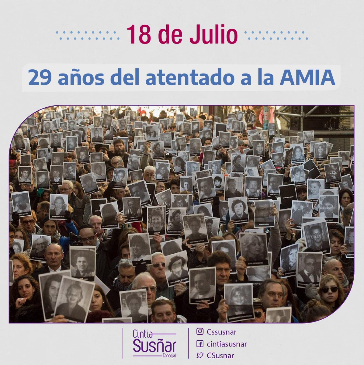 El 18 de julio de 1994, explotó un coche bomba en el edificio de la AMIA que dejó 85 víctimas fatales y más de 300 personas heridas. 

A 29 años, seguimos reafirmando el compromiso por la verdad, la memoria y la justicia. Acompañamos a familiares y seres queridos.

#AMIA29Años