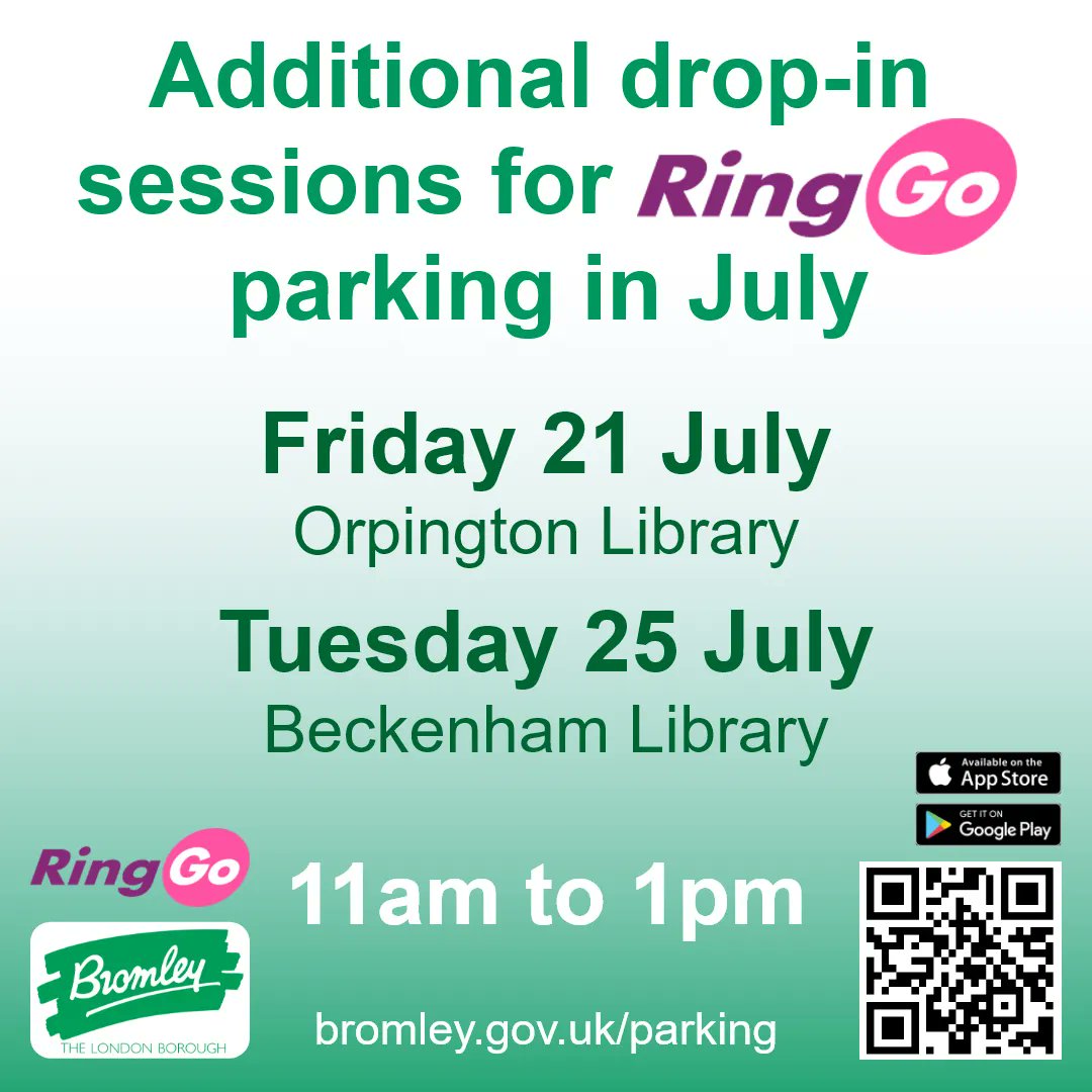 For bespoke @RingGo_parking app support and paying for #parking with or without a smart phone in #Bromley, come along to Orpington Library on Friday 21 July or Beckenham Library on Tuesday 25 July from 11am to 1pm. Find out more at bromley.gov.uk/news/article/5… @BromLibraries