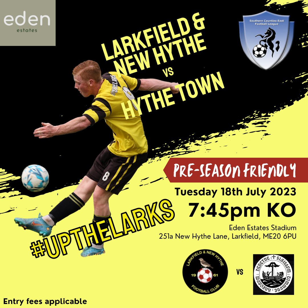 📷 MATCH DAY!! 📷Tuesday 18th July 📷 7:45pm KO 📷 Larkfield & New Hythe v Hythe Town 📷Eden Estates Stadium, 251A New Hythe Lane, Larkfield, ME20 6PU 📷Andys food factory will be serving hot food. 📷Entry Prices Applicable @EdenEstateAgent #upthelarks