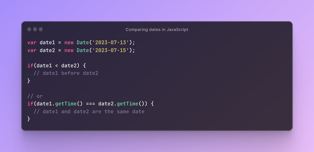 Comparing dates in JS can be a tricky task! These 3 points will help you master it:

- Use Date objects for relational operations (&lt; or &gt;)
- Use the getTime() method for equality (e.g., ===)
- Use built-in methods, like getFullYear(), for comparing specific attributes of a date