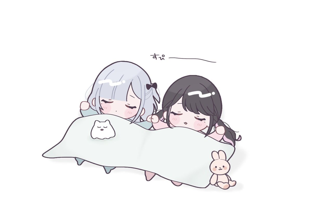 multiple girls 2girls closed eyes black hair sleeping stuffed toy chibi  illustration images