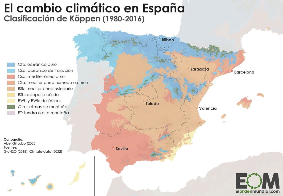 elOrdenMundial's tweet photo. Mapas para entender cómo puede cambiar el clima en España si no se reducen las emisiones.

Es el país europeo más vulnerable al cambio climático. En las proyecciones más extremas (donde las emisiones van en aumento), el cantábrico será el nuevo Mediterráneo y Toledo un desierto. https://t.co/9evpq8evJw