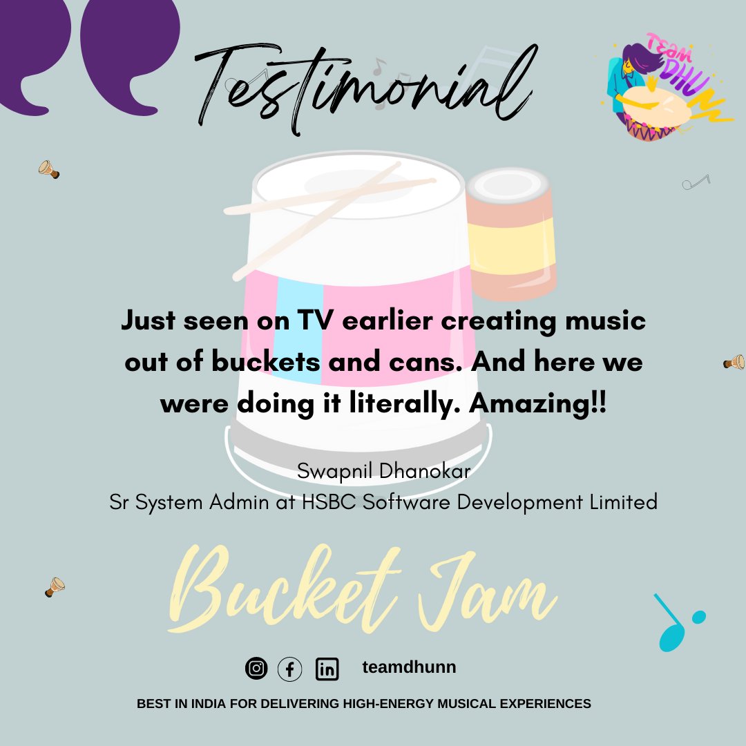 Please take a look at what Swapnil has to say about their experience with our Bucket Jam engagement session :) 

#teamdhunn #dhunnthedrumcircle #bucketjam #teamengagement #teambuilding #drumcircle #boomwhackers