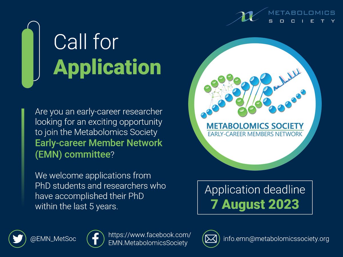 Apply for the Early-career Members Network (EMN committee) position for 2023/24! We are looking for 8 students and post-docs in the metabolomics field to join us for the next term. Apply by filling out the form here: forms.gle/9Cm75rT2hVzBa7… Application deadline: 7 August 2023