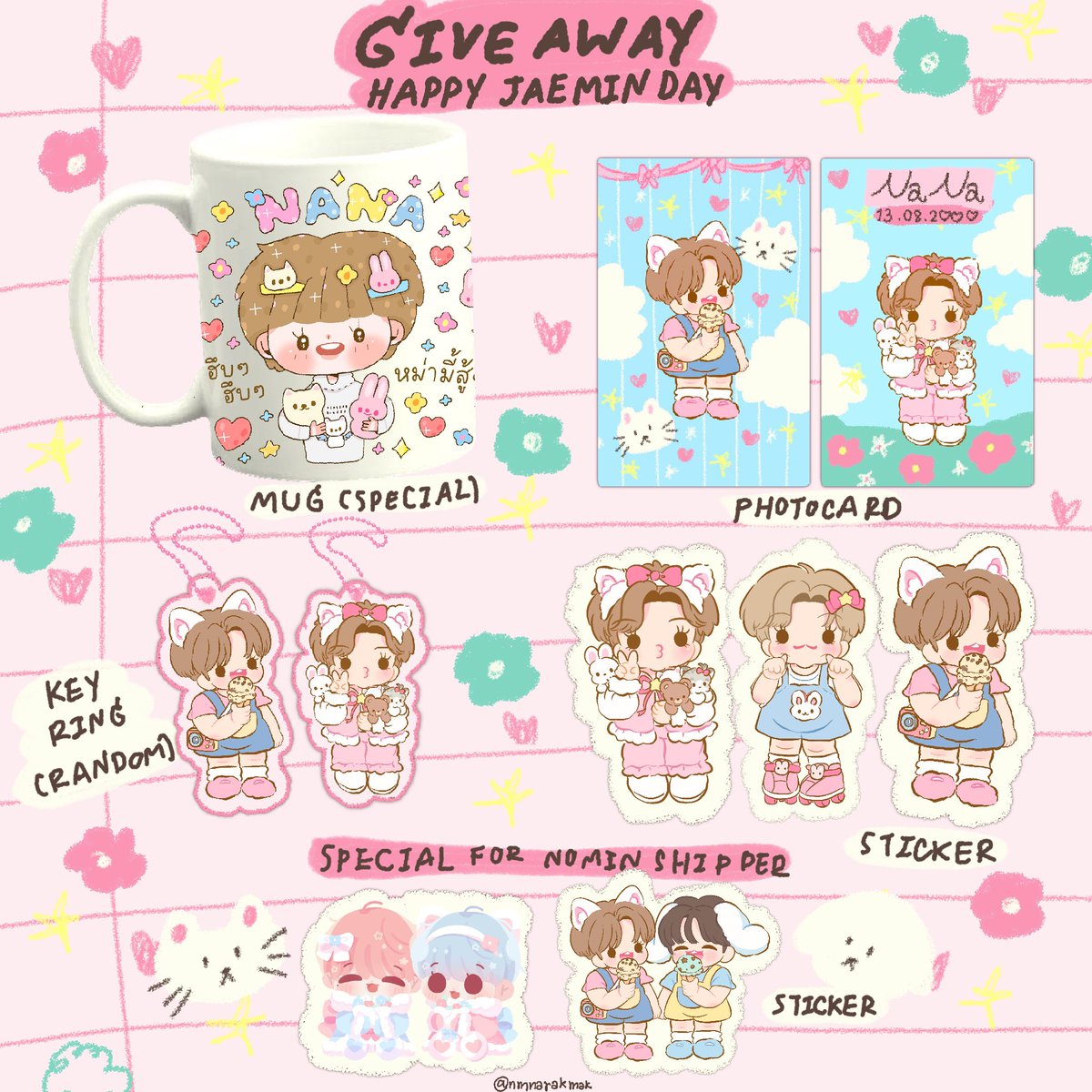 nmnarakmak's tweet photo. - ̗̀ෆ  pls rt  - ̗̀ෆ 

🎀 giveaway jaemin day 🎀 5 set only
🎢 random from rt 

🎠 special (mug+photocard 2 ea+keying 1 ea+sticker set) 1 set
🎠 (photocard 2 ea+keyring 1 ea+sticker set) 4 set 
✨special for nomin shipper ✨
🍡Shipping 45 baht🍡 

#HAPPYJAEMINDAY #JAEMIN https://t.co/q3Kme3ywaF