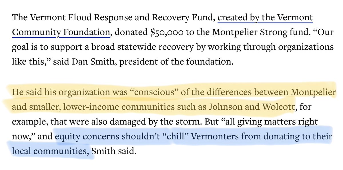 GeoffBattista's tweet photo. To steal VCF jargon: it’s more ‘impactful’ to donate to lower-income communities no matter what’s ‘local.’ 

Funneling donations to Central Vermont’s mini-Woodstock is to reproduce municipal/regional inequities that make Montpelier so exclusive, Barre so divested. https://t.co/EQfulx2YqT