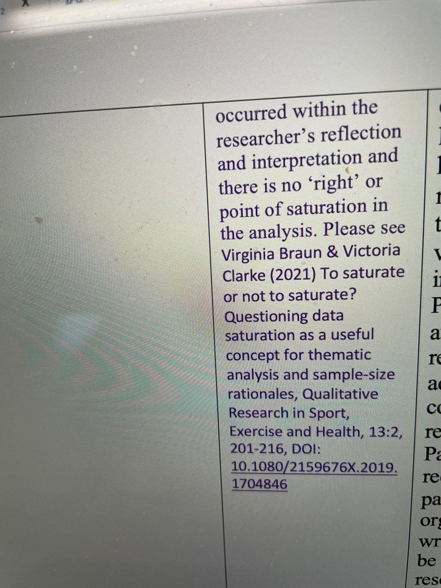 Just had the ‘pleasure’ of telling another reviewer why saturation is a no! Happily quoting @drvicclarke and @ginnybraun 
#qualitativeTwitter