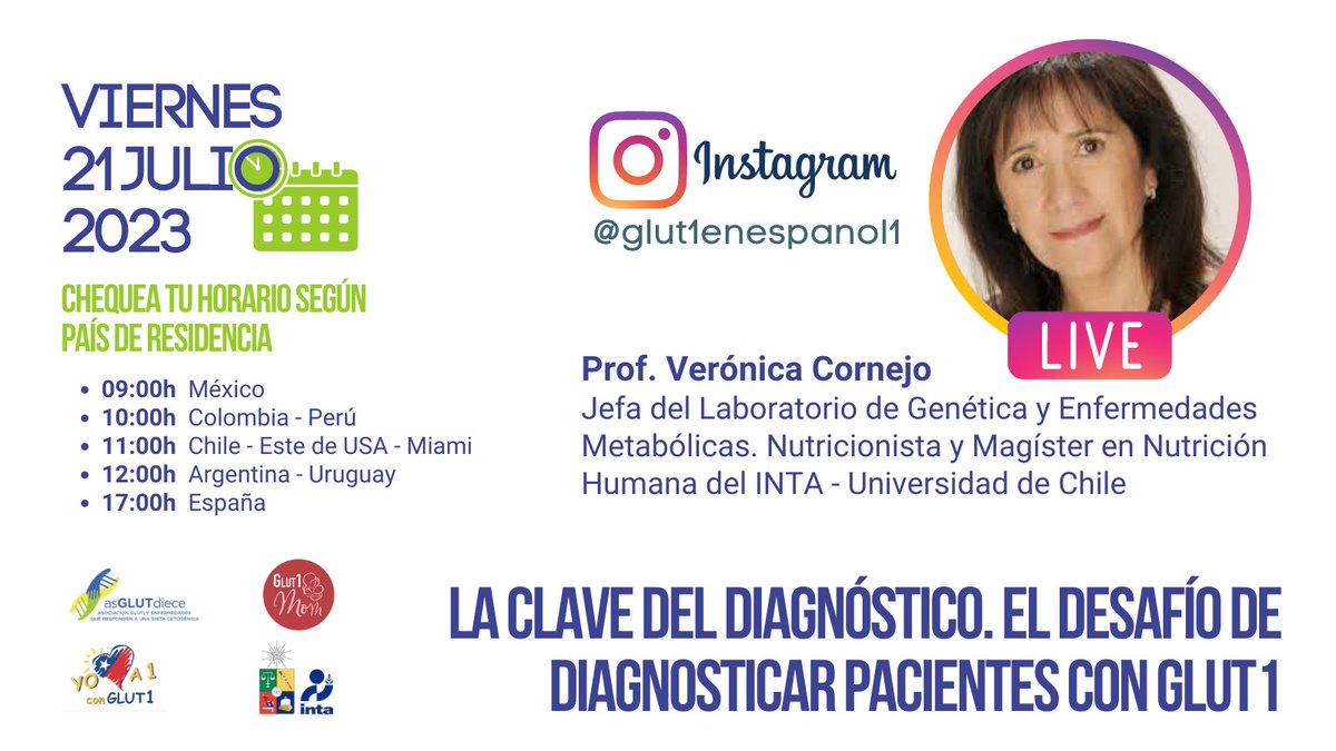 asglutdiece's tweet photo. 📣 RECUERDA #ComunidadHispanaGlut1‼️
📅 Viernes 21/07/2023   
📲 Vivo Instagram 👉@glut1enespanol1 
🕰️ Chequea horario según 🌐
👩‍🔬 Prof. Verónica Cornejo del @INTA_UChile @uchile
🧬 "La clave del #Diagnóstico. El desafío de diagnosticar pacientes con Glut1" 
#DiagnósticoGlut1 https://t.co/Cvgeq3VELK