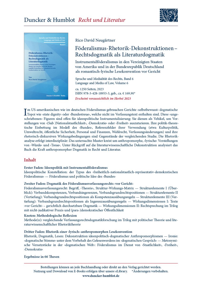 Nehmen Sie auch an der@JTOER23teil? Wir können Ihnen am Mittwochnachmittag den Vortrag von Rico David Neugärtner empfehlen, dessen Publikation »Föderalismus-Rhetorik-Dekonstruktionen – Rechtsdogmatik als Literaturdogmatik« demnächst bei uns erscheint.@neugaertner #jtoer23