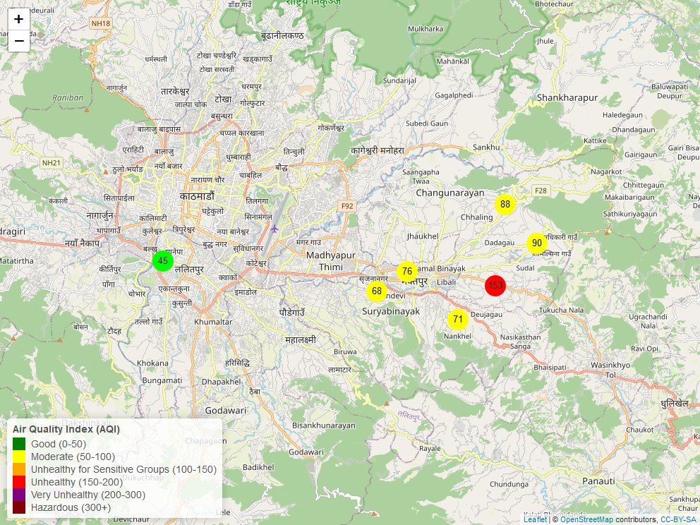 DisasterNepal's tweet photo. Real-time Air Quality Index (AQI) for the Kathmandu Valley. Data source: Purple Air. Updated at 2023-07-18 19:00:11 NPT. #airquality #Kathmandu https://t.co/Nkdal9tv70