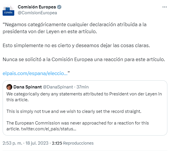 Que la Comisión Europea salga a desmentir al presidente del Senado por difundir bulos a 5 días de unas elecciones no es antisanchismo.

… es la realidad.