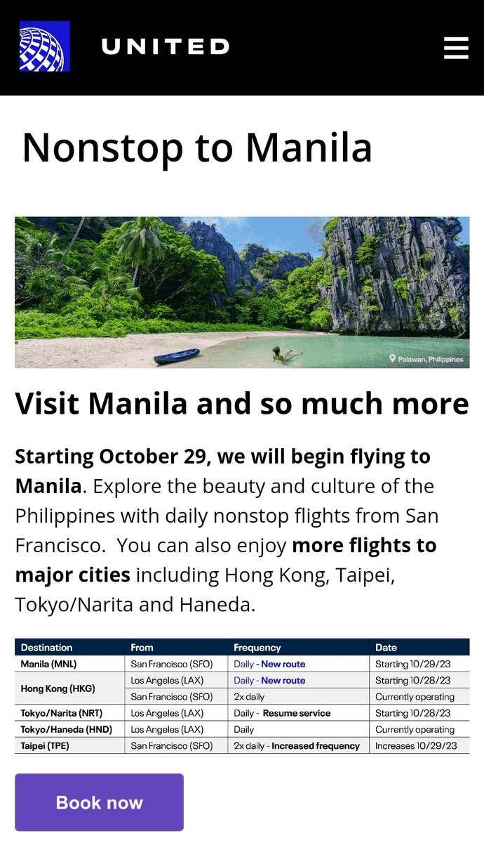 avgeekph's tweet photo. JUST IN: @united has just announced the availability of their daily non-stop flights between San Francisco, USA and Manila, Philippines starting 29 October 2023.
#AvGeekPH #FlyUnited #UA #FlightsPH #TravelPH https://t.co/h6jq2xHWGV