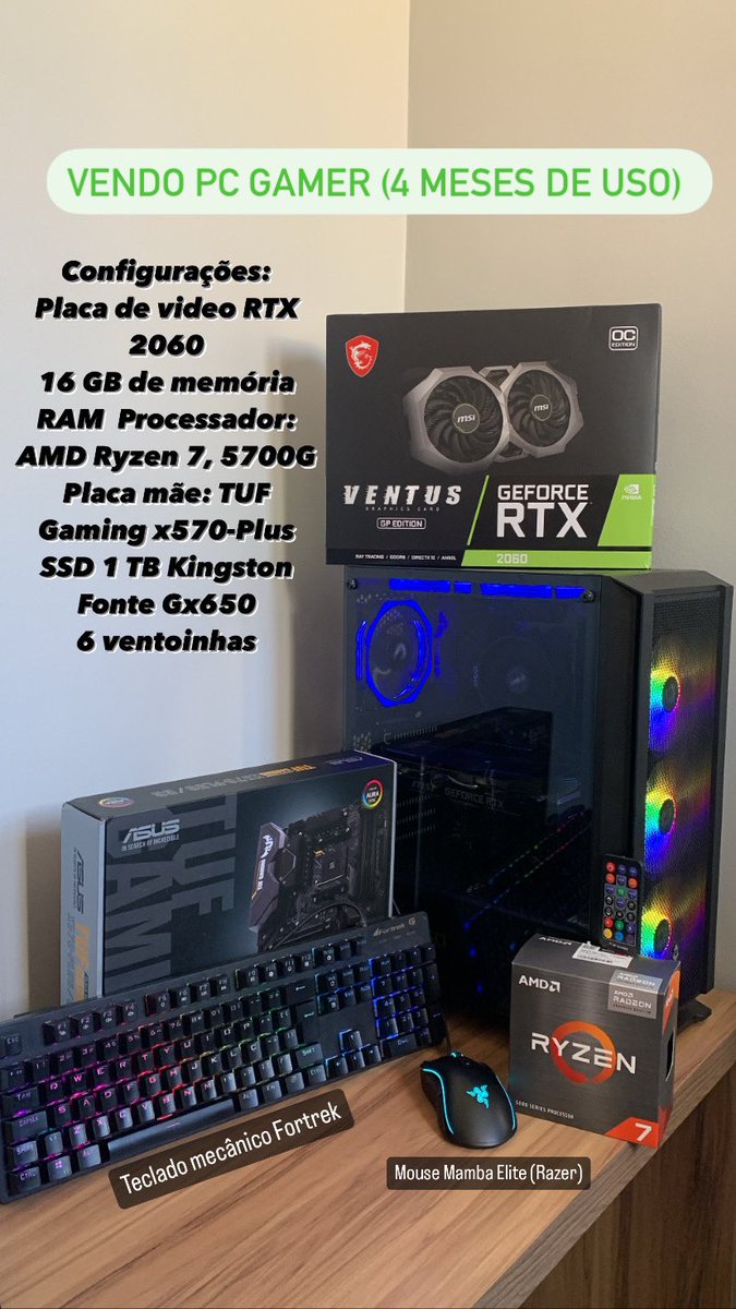 henriquercl8's tweet photo. Vendo PC Gamer (4 meses de uso). 

Configurações: 

Placa de video RTX 2060 
16 GB de memória RAM  
Processador: AMD Ryzen 7, 5700G  Placa mãe: TUF Gaming x570-Plus  SSD 1 TB Kingston  
Fonte Gx650 
6 ventoinhas

Mouse Razer Mamba Elite 
Teclado Fortrek https://t.co/orEzTvuYLD