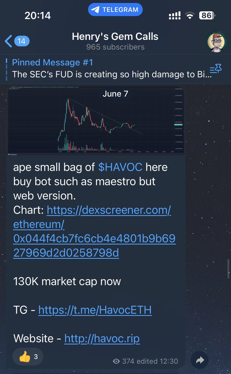 Henry_VuQuangDu's tweet photo. I was early with $HAVOC at $130K Mc (my entry)
I sold for 5x, if I hold, I will have 23x.
Currently $Havoc is sitting at $3M MC.

I found @0xsnipererc at $200K MC, I will hold it. 

Same narrative but I think #0XS will do it better! 

#Ai #Bot https://t.co/339HARGNMa