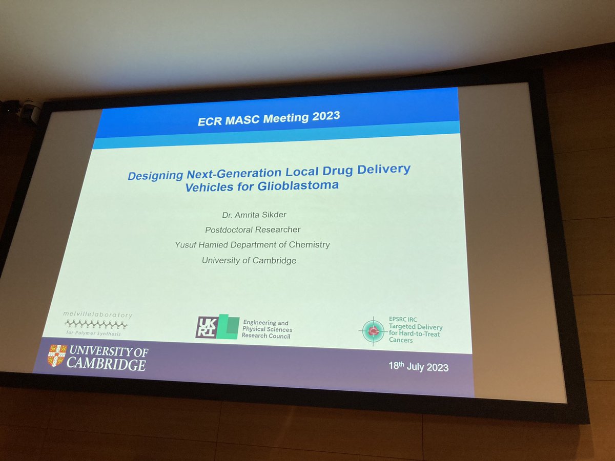CharlieMcTernan's tweet photo. Two talks from Jiangtain from the @jona_a_foster group telling us about 2D nano sheets and drug delivery, and now Amrita from the @OScherman group talking about local drug delivery for glioblastoma! @RSC_MASC #ecrmasc https://t.co/El96R5YKrF
