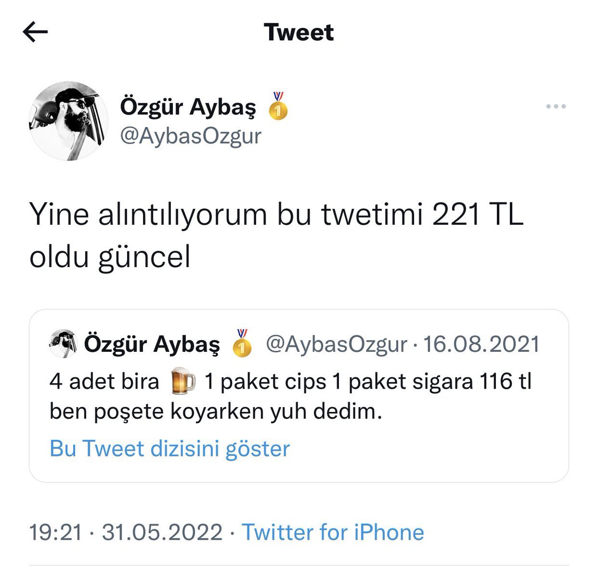 Yine alıntılıyorum 4 adet bira 🍺 1 paket cips 1 paket sigara 375 tl oldu