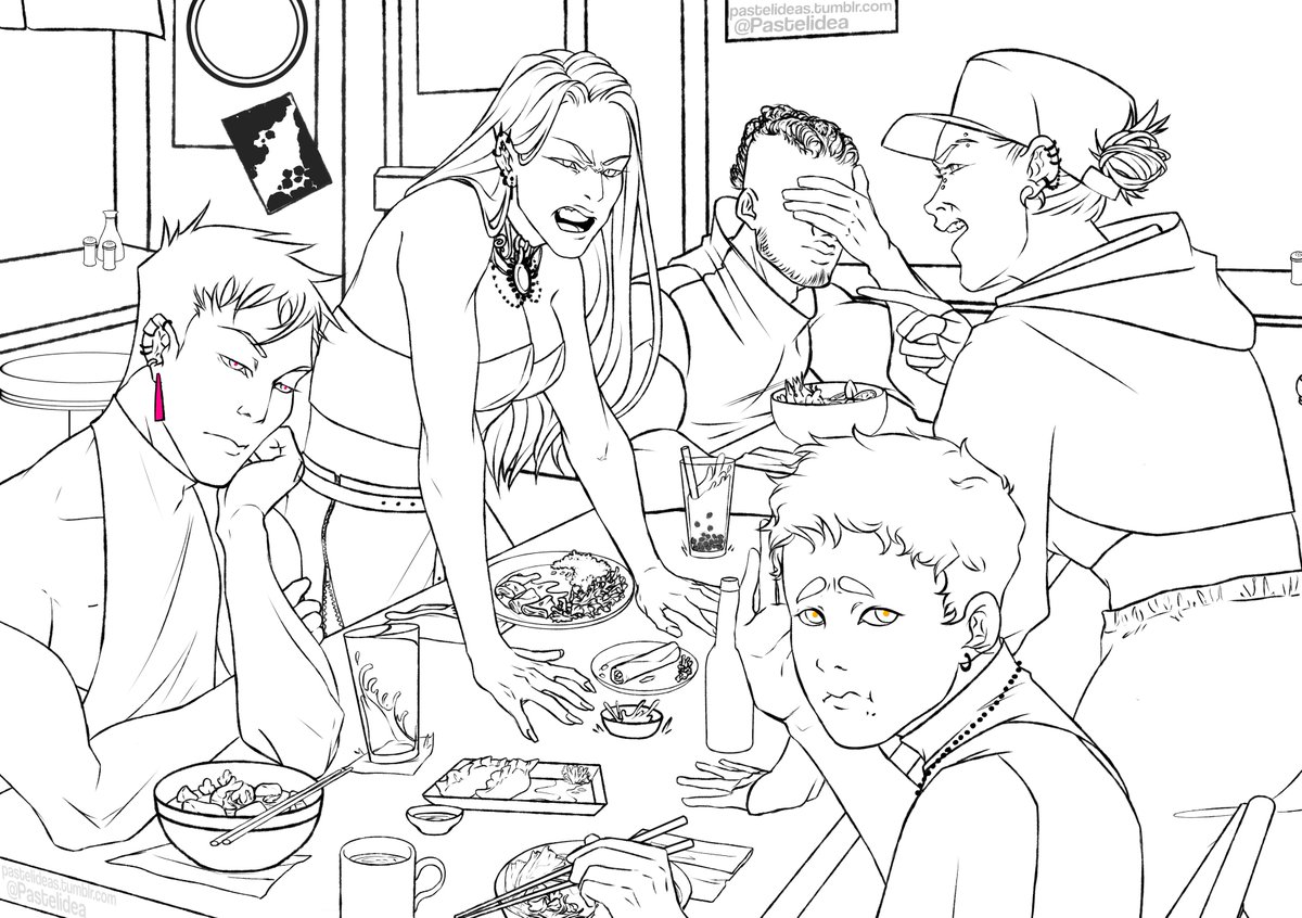 The puppet masters sit down for lunch. 
(I tried so hard to color this but it just wasn't happening.) 
#originalcharacter #originalart