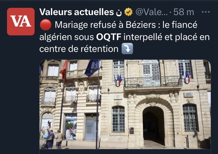 kiara_visentini's tweet photo. 🚨Le fiancé algérien sous OQTF interpellé et placé en centre de rétention #Mariage #Béziers #Ménard
Cet individu capable de provoquer le Maire et l’ensemble des Français devant les caméras de BFMTV, doit être expulsé sur le champ sans possibilité de retour en France JAMAIS ! ✈️✈️ https://t.co/B2lzlypdn1