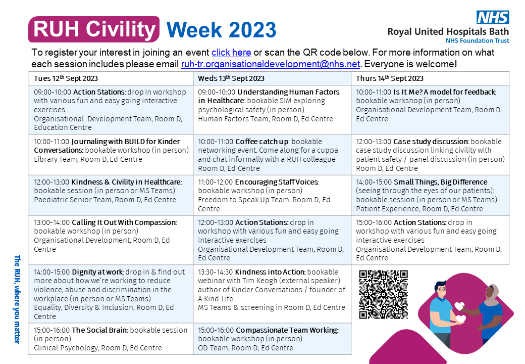 ODteam_ruh's tweet photo. Following on from the success of last year's event, we are delighted to be hosting another kindness and civility week for RUH staff in September.
There will be a mixture of workshops, interactive activities, a webinar - all designed to be fun and engaging. Please take a look! https://t.co/NBn881iSv6