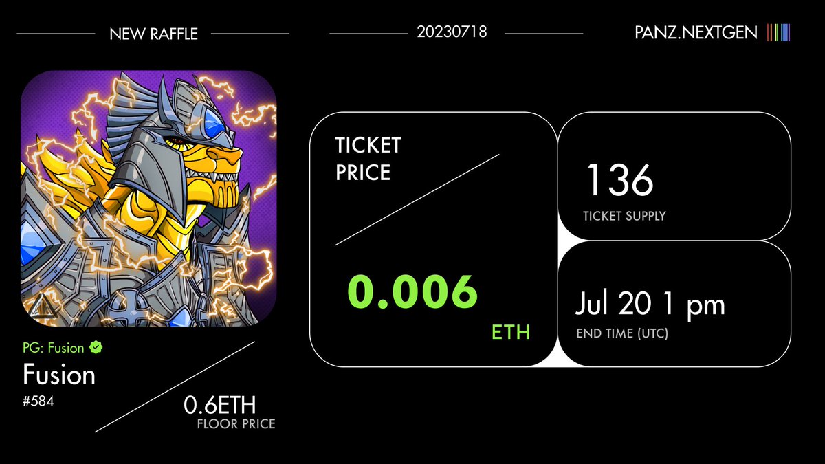 GM! My [@PGodjira Fusion #584] Raffle is live @PANZPLAY by @PANZNEXTGEN ! ▸ Time Remaining: 01d 23h 59m 25s ▸ Ticket Remaining: 136 ▸ Ticket Price: 0.006 ETH 🎁Giving away 5 Free Tickets -- Engage with this tweet! Link: panz.app/play/assets/et…