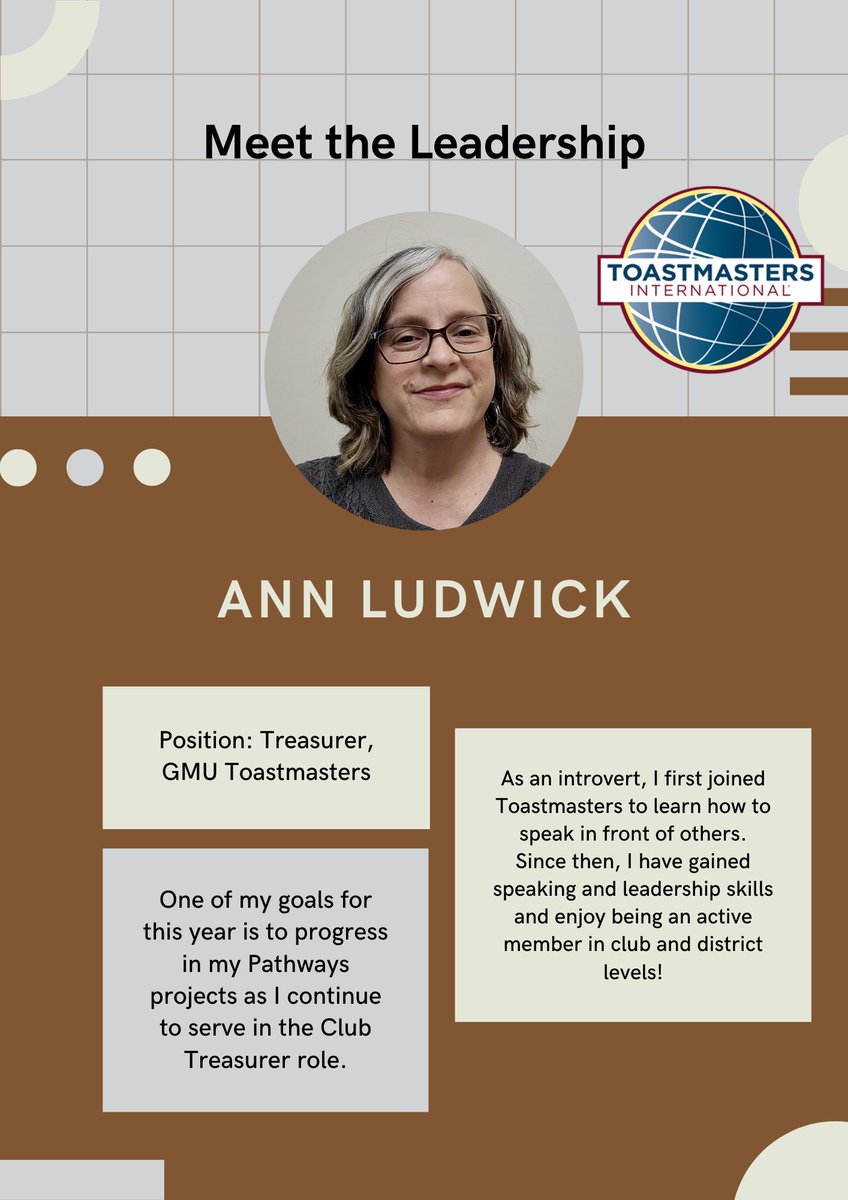 Happy Tuesday <a href="/gmutoastmasters/">GMU Toastmasters</a>! Today we are shouting out our Treasurer, Ann Ludwick! She has been an active member for many years and is in close pursuit of completing her DTM! Let’s root her on! #TellYourStory #GMUToastmasters #GMU
