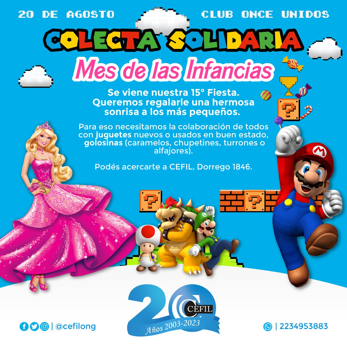 COLECTA MES DE LAS INFANCIAS 🧸
Como todos los años, pero este es muy especial porque es NUESTRA FIESTA DE 15❗
Y nos empezamos a preparar para festejar el Gran Día de las Infancias, para 6000 niños y niñas de Mar del Plata y Batan.

¿Cómo nos podes ayudar?
Comunicate al 4953883