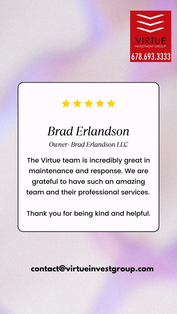 Take a look at this incredible 5-star review that brightened our day! ⭐⭐⭐⭐⭐
Happy to see our tenant's words feel us so satisfied! 😍
Thank you to all our amazing tenants for your continued trust and support.

#virtueinvestgroup #HomeSweetHome #management