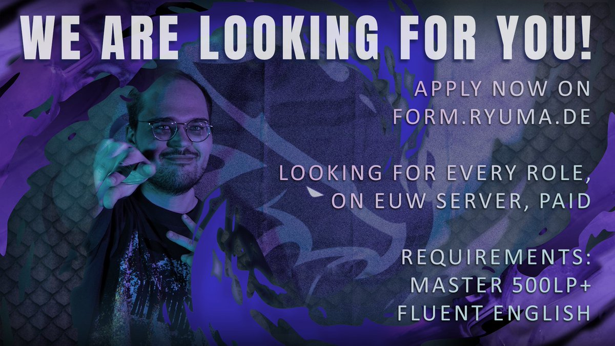 🐉Apply now for our League of Legends roster on form.ryuma.de! 🔥

⌛Make sure to have time on 12.08., 13.08., 19.08. and 20.08.

(Alternative dates may be on 26.08. and 27.08.)
______________
<a href="/lft_prime/">Prime League LFT</a> #LFT #LFTPrimeLeague #LFTEUW #leagueoflegendsde #LeagueOfLegends