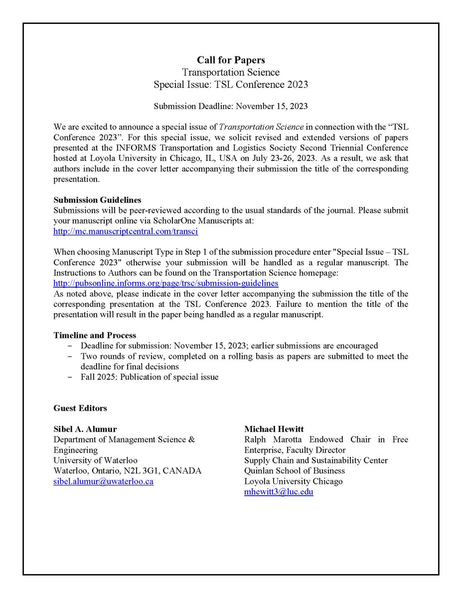 Sibel Alumur Alev (@sibelalumur) on Twitter photo We are excited to announce a special issue of Transportation Science in connection with the TSL Conference 2023. The submission deadline is November 15, 2023. #Transportation #logistics #orms
<a href="/TSLSociety/">TSL Society</a> <a href="/TranSciJournal/">Transportation Science</a> <a href="/INFORMS/">INFORMS</a> We are excited to announce a special issue of Transportation Science in connection with the TSL Conference 2023. The submission deadline is November 15, 2023. #Transportation #logistics #orms
<a href="/TSLSociety/">TSL Society</a> <a href="/TranSciJournal/">Transportation Science</a> <a href="/INFORMS/">INFORMS</a>