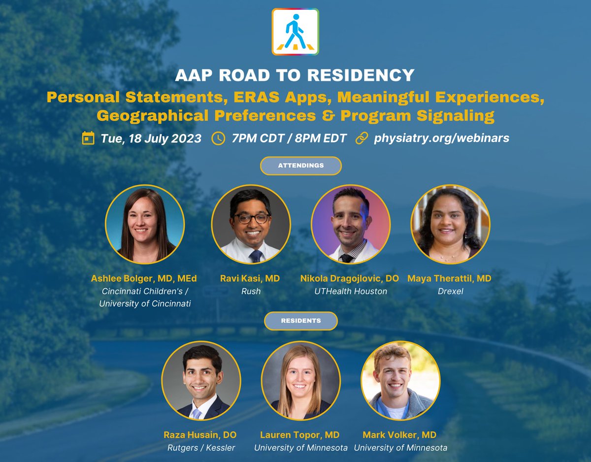 AAPhysiatrists's tweet photo. We're back tonight at 8pm ET! "Road To Residency" is for AAP medical students applying to #physiatry. No registration required to attend!
We will dive into big hot button topics including:
•Personal Statements
•#ERAS Applications
•#ProgramSignaling & Geographical Experiences https://t.co/oVNjo886uZ