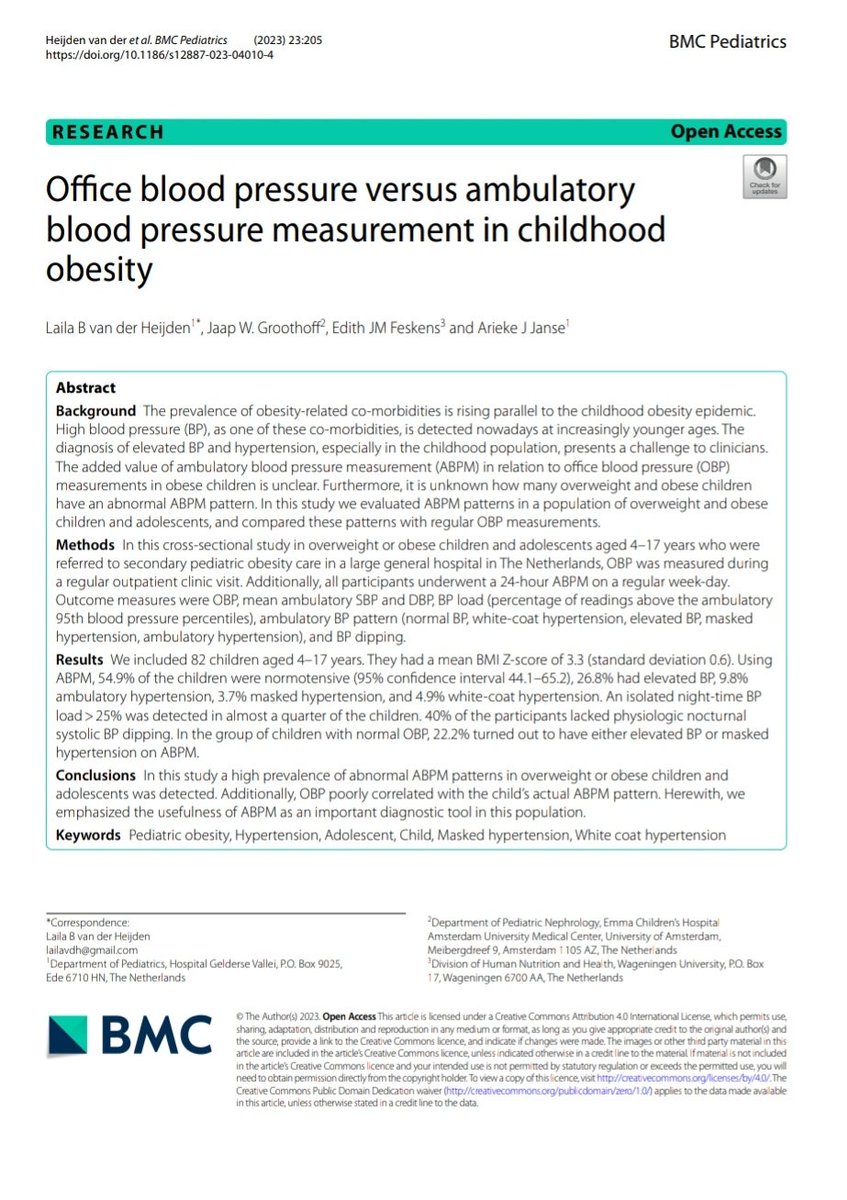 Office blood pressure versus ambulatory blood pressure measurement in childhood obesity @IntPedHTN @jwgroothoff @ESPNSociety @ISHBP @TammyBradyMD @ProfRuanKruger @AnastasiaSMihai bmcpediatr.biomedcentral.com/articles/10.11…
