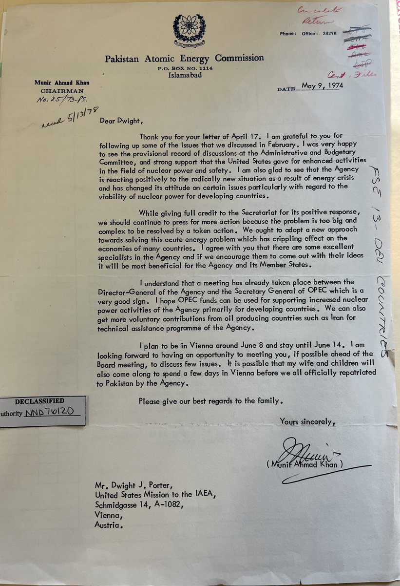 Pakistan’s Atomic Energy Commission Chairman Munir Khan hoping that OPEC can help financially support the IAEA in expanding nuclear power support to developing countries in 1974.

9 days before India’s ‘Smiling Buddha’ Peaceful Nuclear Explosion. #NuclearHistory #FromtheArchives https://t.co/sgS0uSlzjf