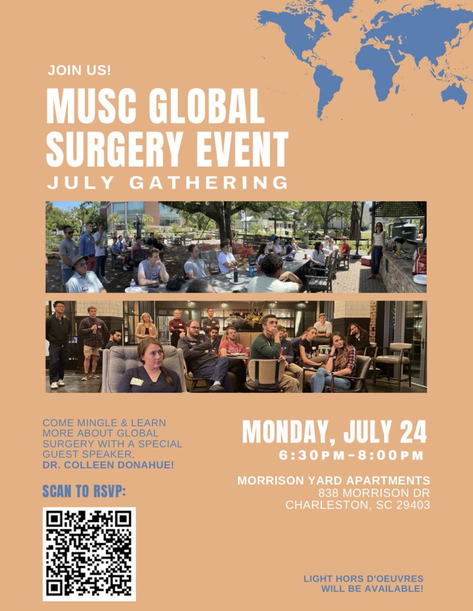 MUSCGlobalSurg's tweet photo. Join us at our next event on Monday, July 24th from 6:30 - 8 PM at the Morrison Yard Apartments! Come mingle and learn more about global surgery with a special guest speaker, Dr. Colleen Donahue. Light hors d'oeuvres will be provided. Please RSVP here: https://t.co/zVeyc2dv4U https://t.co/OXLBswaSsn
