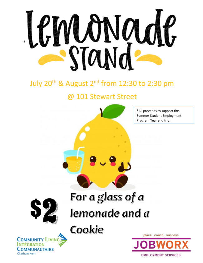 CommLivingCK's tweet photo. Come out to 101 Stewart Street on July 20th from 12:20 until 2:30 pm to treat yourself to a refreshing glass of lemonade and a delicious cookie. What a great  way to enjoy the summer and support the Summer Student Employment Program for only $2! https://t.co/36trZTJ8FG