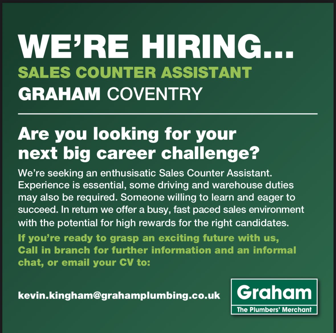 We are hiring!

Fancy a new challenge? 

Come and join us at Graham Plumbing  merchant Coventry. 

Please feel free to retweet this post.

#GrahamPlumbing #Coventry #UKPS